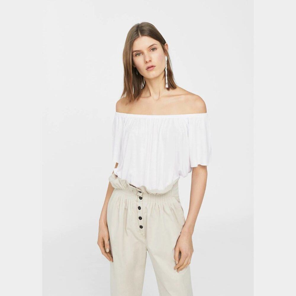 Mango White Off-shoulder Flowy Stretchy Jersey Knit T-shirt Top Blouse Womens M